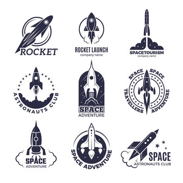 Space logotypes. Rockets and flight shuttle moon discovery business retro badges vector monochrome pictures. Illustration of spaceship and rocketship badge, adventure exploration