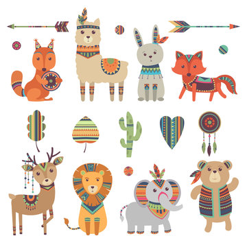 Tribal animals. Cute zoo squirrel llama hare fox deer lion elephant and bear with vintage feathers ethnic patterns vector characters. Wild llama and deer, rabbit and bear illustration