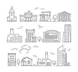 Town buildings icon. Urban architecture village houses factory living rooms exterior walls vector linear pictures set. Building estate linear, house suburban outline illustration