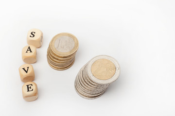 Euro coins with the word save on the white background