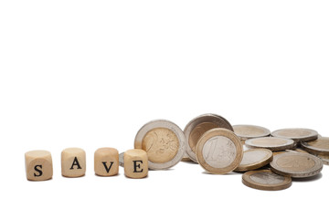 Euro coins with the word save on the white background