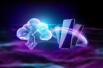 Creative background, hologram image of clouds on the background of energy waves, purple background. The concept of cloud technology, cloud storage, a new generation of networks. Mixed media.