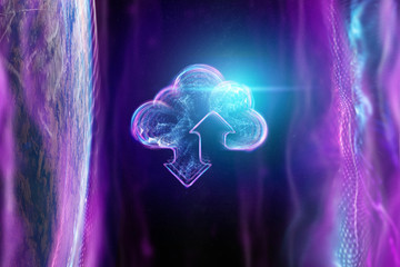 Creative background, image of a hologram of a cloud on the background of the globe. The concept of cloud technology, cloud storage, a new generation of networks. Copy space, Mixed media.