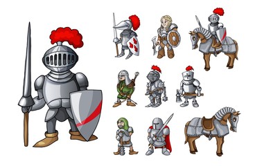 Set of medieval knight characters standing in different poses isolated on white