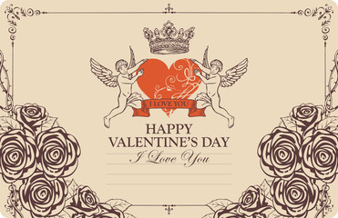 Valentine card or postcard with cupids, red heart and roses. Romantic vector card in vintage style with words Happy Valentines day, calligraphic inscription I love you and place for text