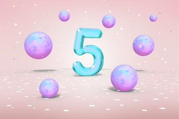 Bright neon number 5, flying balls purple, blue, pink gradients colors, and gold confetti on light pink background, fifth year of birth, 3d rendering