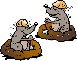 Cartoon Vector illustration of two Mole digging Holes in the Ground