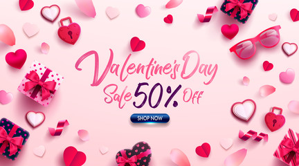 Valentine's Day Sale Poster or banner with sweet gift,sweet heart and lovely items on pink background.Promotion and shopping template or background for Love and Valentine's day concept.Vector EPS10