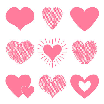 Pink heart icon set. Happy Valentines day sign symbol template. Different shape. Paper and scribble line effect. Cute graphic object. Flat design. Love greeting card. Isolated. White background.