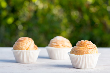 Fresh baked golden muffins on rustic wooden background shot in natural light
