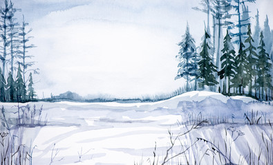 Winter landscape of forest and snowy field. Hand drawn watercolor illustration.