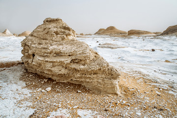 White desert in Egypt, Farafra, wind eroded rock formations at sunset/