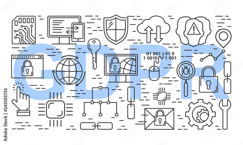 Poster vector line style internet security pattern. general data protection linear concept. web privacy and