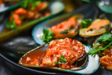 Mussel cooking pan seafood plate with Shellfish mussels shell ocean gourmet dinner cooked