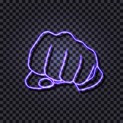 Vector Neon Bright Luminous Fist Isolated on Dark Transparent Background, Gesturing Icon.