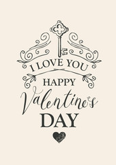 Vector greeting card or postcard on the theme of declaration of love with key and heart in retro style. Valentine card with words I Love you and inscription Happy Valentines Day.