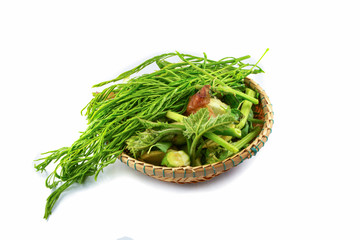 Acacia pennata in threshing basket isolated on white / Climbing Wattle, cha-om and Vegetable on white