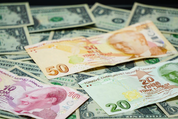 Fototapeta na wymiar Us dollar and Turkish lira banknotes template texture background