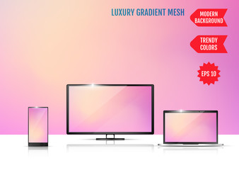 Modern abstract background. Colors transition concept. Gradient mesh. Trendy colored Surface. An example of the use of the proposed background on the screen of a laptop, smartphone and TV