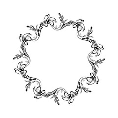 Floral vintage decorative vector frame. Flower black ink Circle filigree border with text space. Isolated calligraphic frame with copyspace. Invitation, greeting card, poster flourish design element