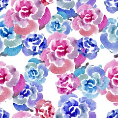 Watercolor flowers. Seamless pattern. Pink and blue rose