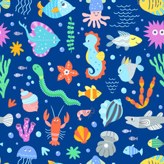 Underwater wildlife sea pattern. Seamless vector pattern with different fishes, sea and ocean animals. Cute vector background for children