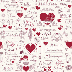 Vector seamless background with red hearts, keys, keyholes, cupids and love theme letterings. Abstract background in retro style with hand written declarations of love in different languages.
