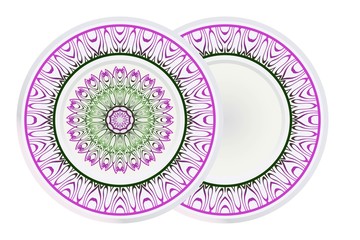 Mandala floral ornament for Decorative plates interior design. Empty dish, porcelain plate mock up design. Vector illustration. Home decor background. Purple, geen color