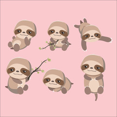 Cute cartoon smiling lazy sloth set.