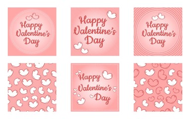 Happy Valentines Day set of templates. Cute retro cartoon colorful templates with hearts and stitches