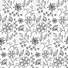 Monochrome doodle floral seamless pattern with outline black flowers and leaves on white background. Lovely floral texture with blossoms and herbs for textile, wrapping paper, surface, wallpaper