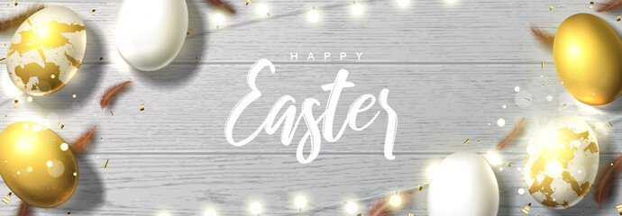 Happy Easter festive banner. Beautiful background with realistic white and golden eggs, sparkling gold confetti, shining garlands and chicken feathers. Holiday vector illustration.