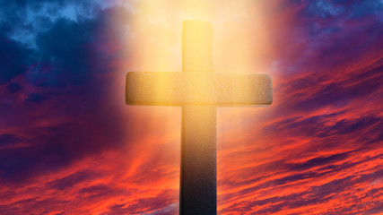 Glowing cross in sky . Happy Easter. Light from sky . Religion background .  Paradise heaven ....