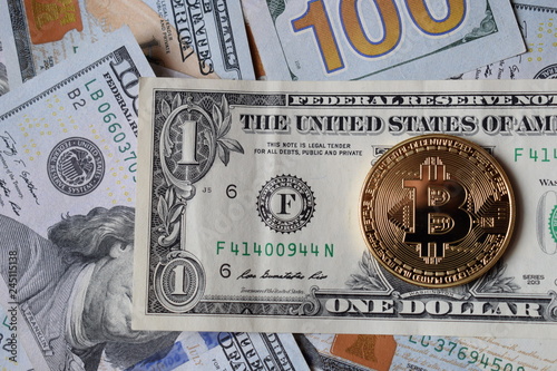 Golden Bitcoins On Us Dollars Digital Currency Close Up New - 