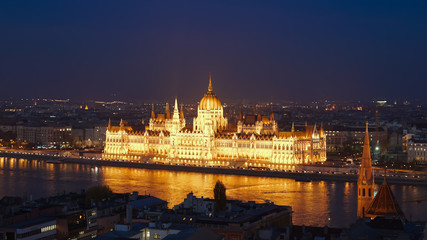 Night Budapest with the Danube and the Parliament building, Hungary. Aerial view of Budapest. Hungary.