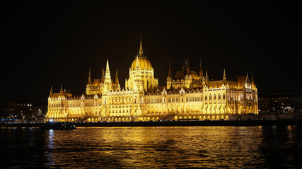 Obraz premium Night Budapest with the Danube and the Parliament building, Hungary. Aerial view of Budapest. Hungary.