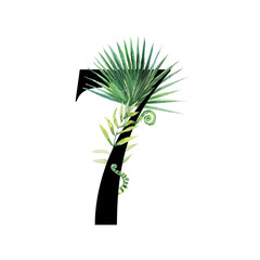 Floral Tropical Numbers - black digit 7 with leaves bouquet composition. Unique collection for wedding invites decoration and many other concept ideas.