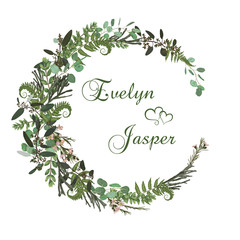 Obraz premium Wreath with herbs and leaves isolated on white background. Botanical illustration. Boxwood, eucalyptus, brunia, forest fern. Save the date, invitations, cards. Design elements