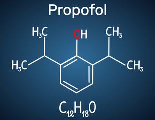 Propofol anesthetic drug molecule. Structural chemical formula on the dark blue background