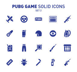 PUBG game glyph icons. Vector illustration of combat facilities. Solid design. Set 2 of icons