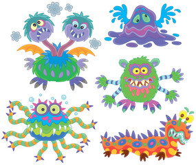 Collection of funny and colorful toy monsters, vector illustrations in a cartoon style