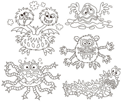 Collection of funny and terrible toy monsters, black and white vector illustrations in a cartoon style for a coloring book