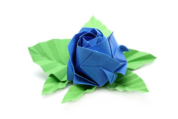 Rose : Origami Blue rose with green leaf for love concepts of Valentine's day Holidays. Isolated on...