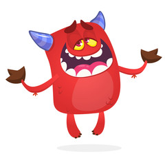 Cartoon illustration of funny red devil character with horns. Vector