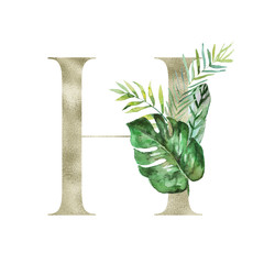 Floral Tropical Alphabet - lime gold color textured letter H with leaves bouquet composition. Unique collection for wedding invites decoration and many other concept ideas.
