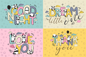 Greeting card set design with cute panda bears and quotes 