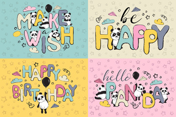 Greeting card set design with cute panda bears and quotes 
