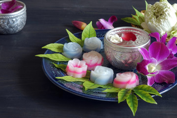 Layer sweet cake (Khanom Chan) Thai traditional dessert in colorful rose and flower shape , Thai...