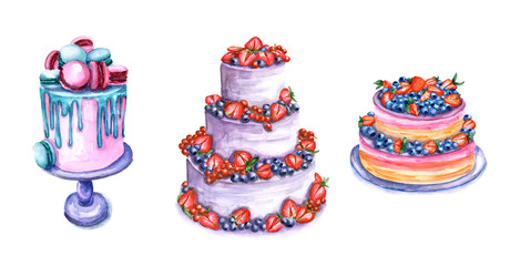 Watercolor set of cakes. Pies with berries, with macaroon. Illustration isolated on a white background. For greeting birthday postcard, poster for cafe, bakery and pastry shop.