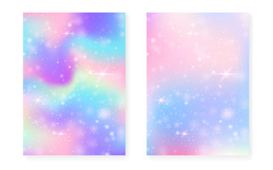 Princess background with kawaii rainbow gradient. Magic unicorn hologram.